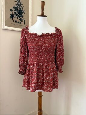 Max Studio Brick Red Floral Smocked Peasant Top